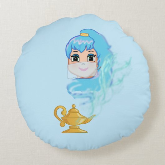 Goldene Zauberlampe und ein hellblaues Flair Rundes Kissen (Rückseite)