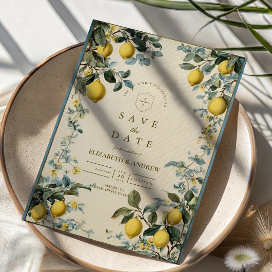 Goldene Zitrusblüten-Hochzeit Save The Date