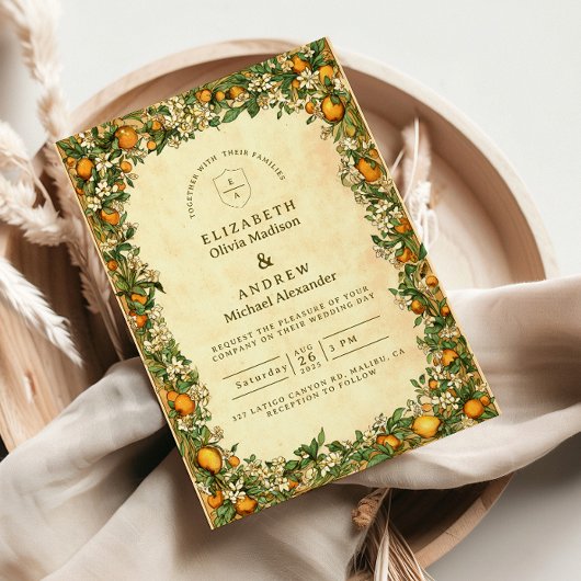 Goldene Zitrusgarten-Hochzeit Einladung