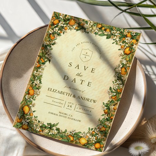 Goldene Zitrusgarten-Hochzeit Save The Date