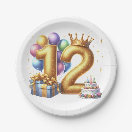 Goldener 12. Geburtstag Pappteller (Vorderseite)
