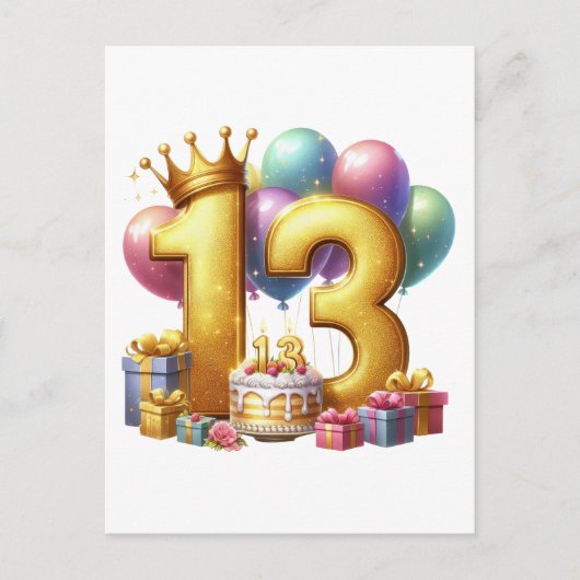 Goldener 13. Geburtstag Postkarte (Vorderseite)