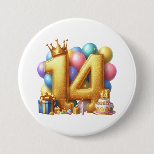 Goldener 14. Geburtstag Button (Vorderseite)