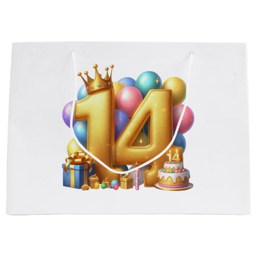 Goldener 14. Geburtstag Große Geschenktüte (Vorderseite)