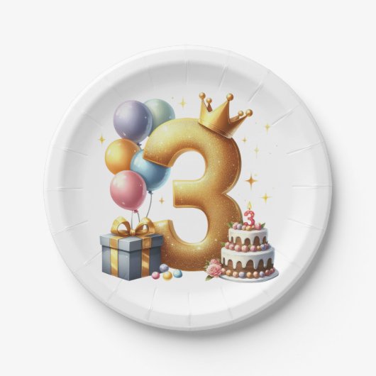 Goldener 3. Geburtstag Pappteller (Vorderseite)
