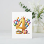 Goldener 4. Geburtstag Postkarte (Stehend Vorderseite)