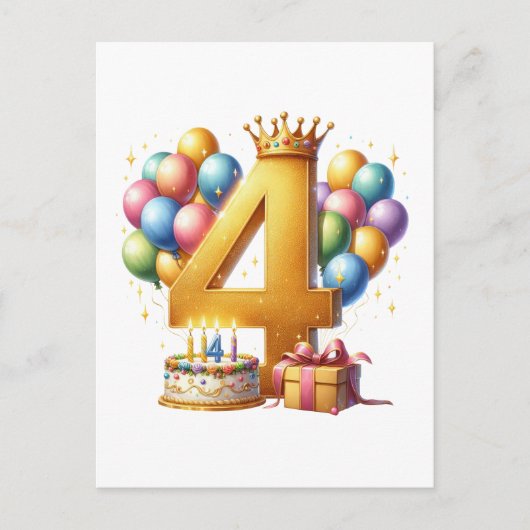 Goldener 4. Geburtstag Postkarte (Vorderseite)