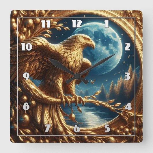 Goldener Adler am Mondlichtsee bei Nacht Quadratische Wanduhr (Vorderseite)