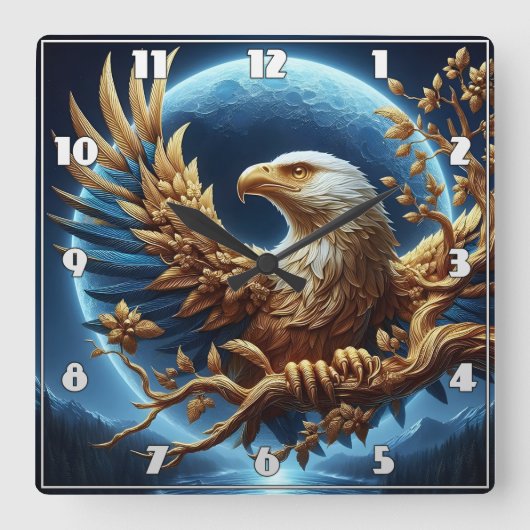 Goldener Adler auf dem Zweig in der Abenddämmerung Quadratische Wanduhr (Vorderseite)