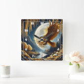 Goldener Adler auf dem Zweig nachts Quadratische Wanduhr (Zuhause)
