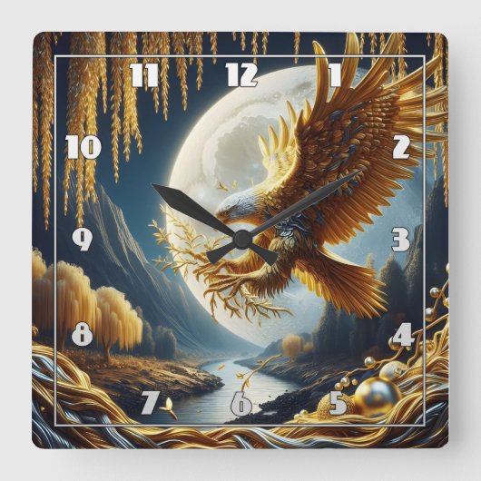 Goldener Adler auf dem Zweig nachts Quadratische Wanduhr (Vorderseite)