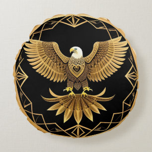 Goldener Adler auf geometrischer Mandala Rundes Kissen