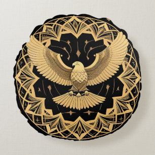 Goldener Adler auf geometrischer Mandala Rundes Kissen