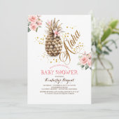 Goldener Ananas Pink Bloral Beach Baby Dusche Einladung (Stehend Vorderseite)