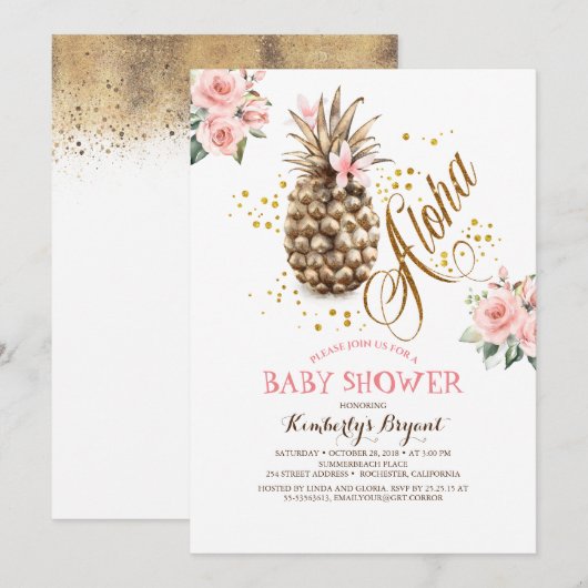 Goldener Ananas Pink Bloral Beach Baby Dusche Einladung (Vorne/Hinten)