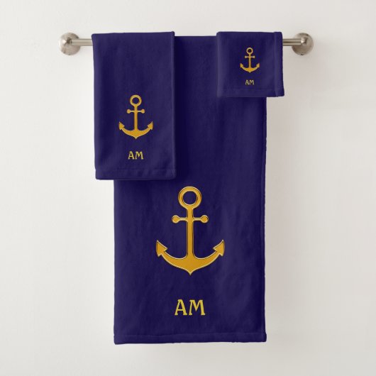 Goldener Anker auf marineblau Badhandtuch Set (Insitu)