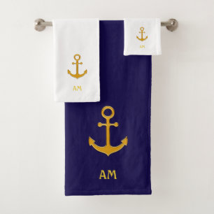 Goldener Anker auf Marineblau und Weiß Badhandtuch Set