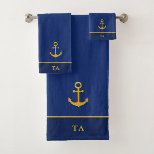 Goldener Anker & Monogramm auf Navy Blau Badhandtuch Set