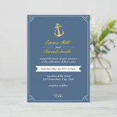Goldener Anker Royal Blue Nautical Wedites Einladung (Stehend Vorderseite)