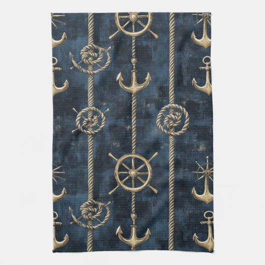 Goldener Anker & Steuer Nautical Muster Geschirrtuch (Vertikal)