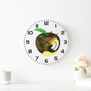 Goldener Apfel mit Blatt Glänzend Metallisch Große Wanduhr
