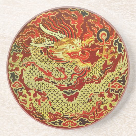 Goldener asiatischer Drache gestickt auf Sandstein Untersetzer (Vorne)