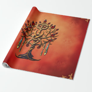Goldener Baum des Lebens mit roten Edelsteinen Geschenkpapier