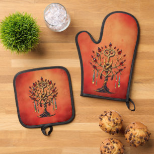 Goldener Baum des Lebens mit roten Edelsteinen Ofenhandschuh & Topflappen-Set