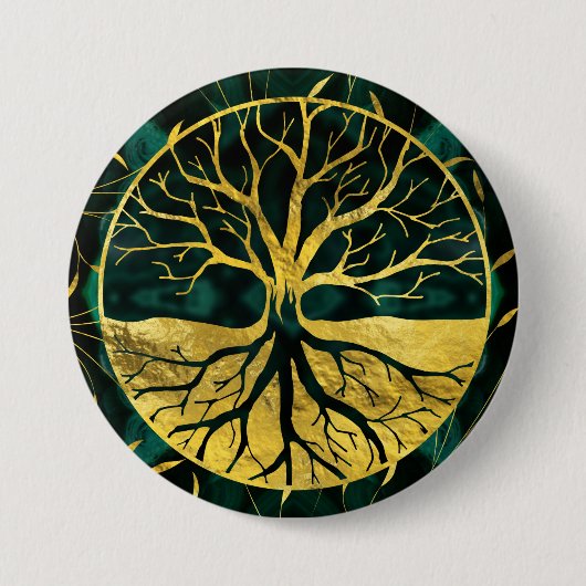 Goldener Baum des Lebens Yggdrasil auf Malachit Button (Vorderseite)