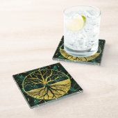 Goldener Baum des Lebens Yggdrasil auf Malachit Glasuntersetzer (Schrägansicht)