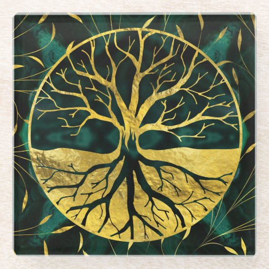 Goldener Baum des Lebens Yggdrasil auf Malachit Glasuntersetzer (Vorderseite)