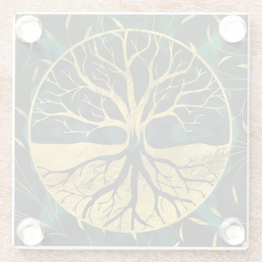 Goldener Baum des Lebens Yggdrasil auf Malachit Glasuntersetzer (Rückseite)