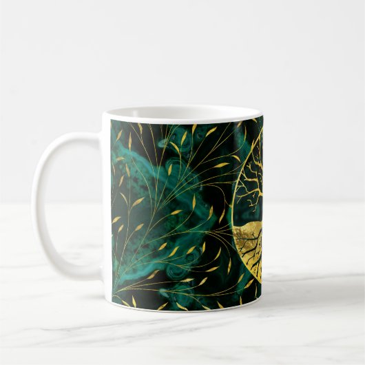 Goldener Baum des Lebens Yggdrasil auf Malachit Kaffeetasse (Links)