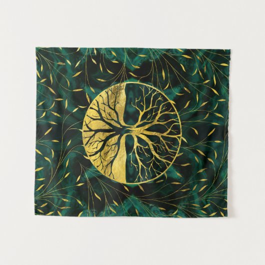 Goldener Baum des Lebens Yggdrasil auf Malachit Wandteppich (Vorderseite (Horizontal))