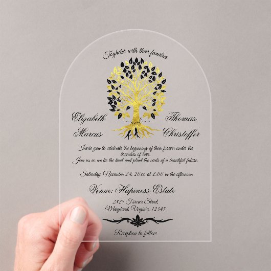 Goldener Baum des Lebens Zeitlose Hochzeit Acryleinladungen (Insitu (Handheld))