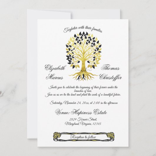Goldener Baum des Lebens Zeitlose Hochzeit Einladung (Vorderseite)