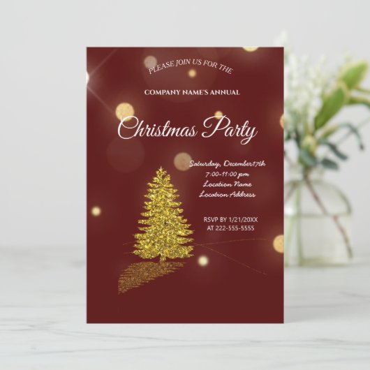 Goldener Baum, goldene Rentiere und Santa Claus In Einladung (Stehend Vorderseite)