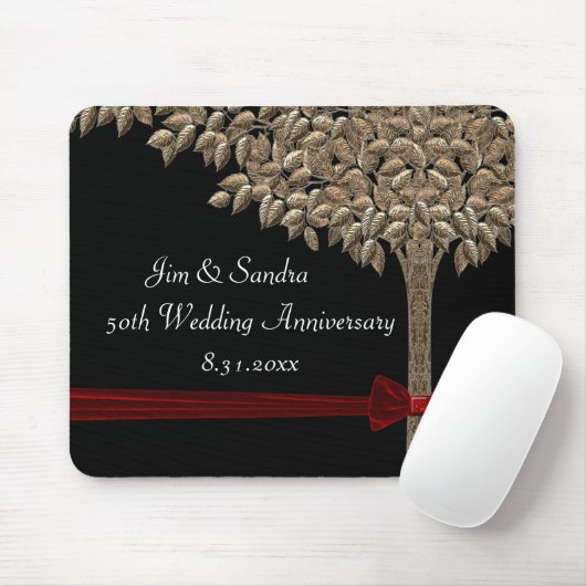 Goldener Baum mit rotem Band u. Bogen Mousepad (Mit Mouse)