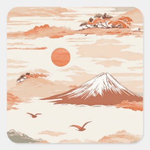 Goldener Berg Fuji Sonnenaufgang Japan Aquarellmus Quadratischer Aufkleber