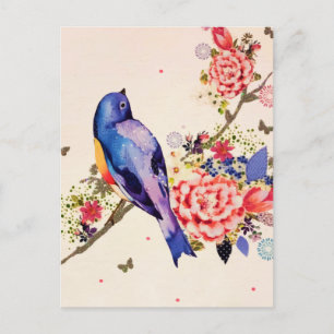 Goldener blauer Vogel Roter floraler Schmetterling Feiertagspostkarte