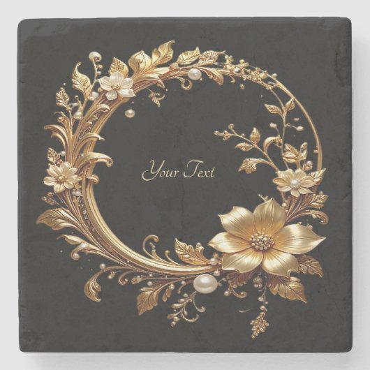 Goldener Blumen-Ornament-Rahmen Steinuntersetzer (Vorderseite)