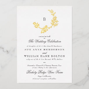 Goldener Blumenkranz Klassisches Monogramm Hochzei Folieneinladung