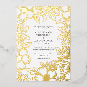 Goldener Blumenkranzrahmen elegante Hochzeitsgesta Folieneinladung