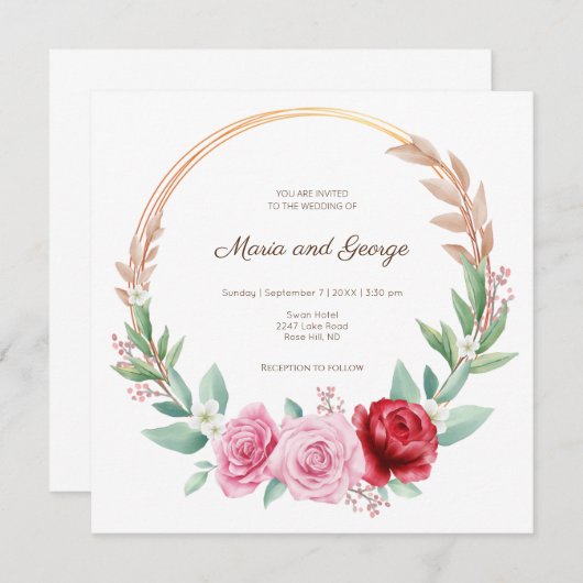 Goldener Blumenreath Einladung (Vorne/Hinten)