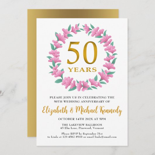 Goldener Blumenreath zum 50. Jahrestag Einladung (Vorne/Hinten)