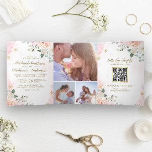 Goldener Blush Rosa Blumenfoto QR-Code Hochzeit Dreifach Gefaltete Einladung