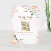 Goldener Blush Rosa Blumenfoto QR-Code Hochzeit Einladung (Rückseite)