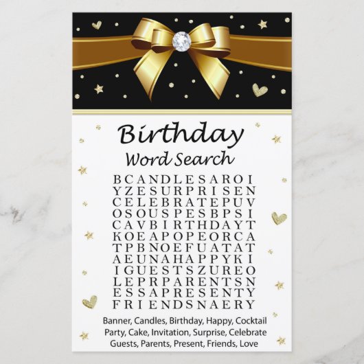 Goldener Bogen Geburtstag Word Search Game (Vorderseite)