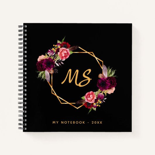 Goldener Bordeaux-Monogramm-Chic Notizblock (Vorderseite)