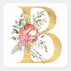 Goldener Buchstabe B mit Blumen Quadratischer Aufkleber